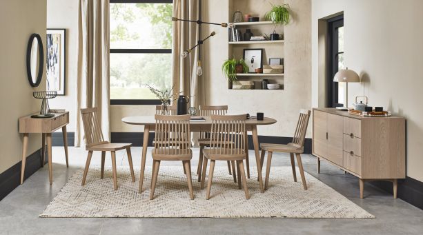 Dansk Scandi Oak 6-8 Seater Table & 6 Ilva Spindle Chairs in Scandi Oak by Bentley Designs | Style Our Home