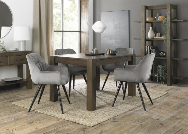 Turin Dark Oak 4-6 Seater Table & 4 Dali Grey Velvet Chairs by Bentley Designs | Style Our Home