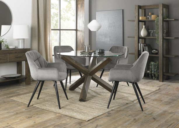 Turin Glass 4 Seater Table - Dark Oak Legs & 4 Dali Grey Velvet Chairs by Bentley Designs | Style Our Home