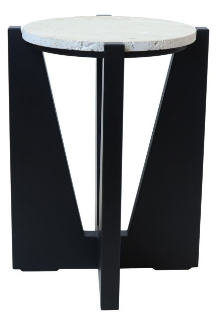 Wintara Travertine Top Side Table With Black Acacia Wood Frame by Prestige Designs | Style Our Home