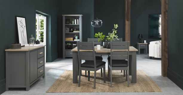 Oakham Dark Grey & Scandi 4-6 Seater Table & 4 Dark Grey Chairs in Dark Grey Bonded Leather by Bentley Designs | Style Our Home