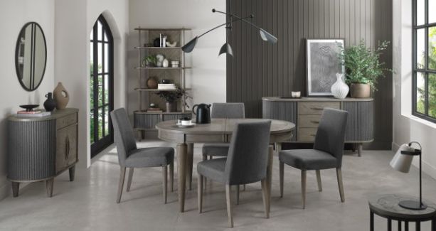 Monroe Silver Grey 4-6 Seater Dining Table & 4 Monroe Silver Grey Upholstered Chairs in Slate Grey Fabric by Bentley Designs | Style Our Home