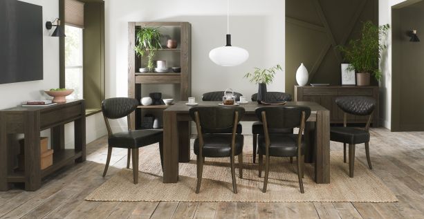 Logan Fumed Oak 6 Seater Table & 6 Ellipse Upholstered Chairs in Old West Vintage by Bentley Designs | Style Our Home