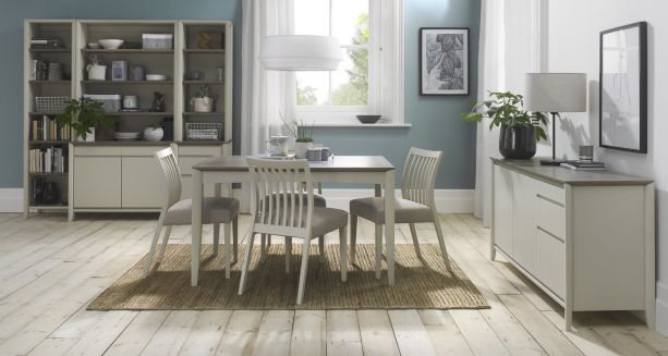 Bergen Grey Washed Oak 4-6 Seater Table & 4 Slat Back Chairs in Grey Bonded Leather by Bentley Designs | Style Our Home