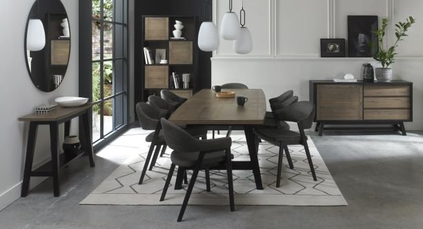 Camden Weathered Oak 6-8 Seater Table & 6 Side & 2 Arm Chairs in Dark Grey Fabric by Bentley Designs | Style Our Home