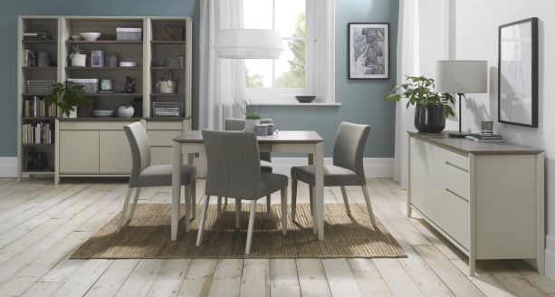 Bergen Grey Washed Oak 2-4 Seater Table & 4 Chairs in Titanium Fabric by Bentley Designs | Style Our Home
