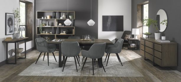 Tivoli Weathered Oak 6-8 Seater Table & 6 Dali Grey Velvet Chairs by Bentley Designs | Style Our Home