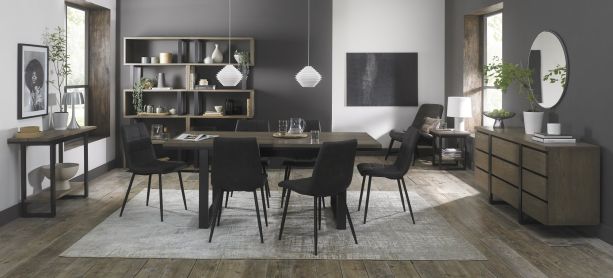 Tivoli Weathered Oak 6-8 Seater Table & 6 Mondrian Dark Grey Faux Leather Chairs by Bentley Designs | Style Our Home