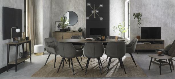 Vintage Weathered Oak 6-8 Seater Table & 8 Dali Grey Velvet Chairs by Bentley Designs | Style Our Home