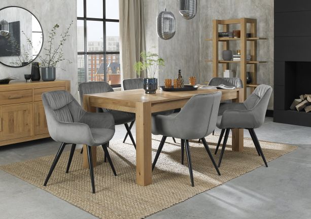 Turin Light Oak 6-8 Seater Table & 6 Dali Grey Velvet Chairs by Bentley Designs | Style Our Home
