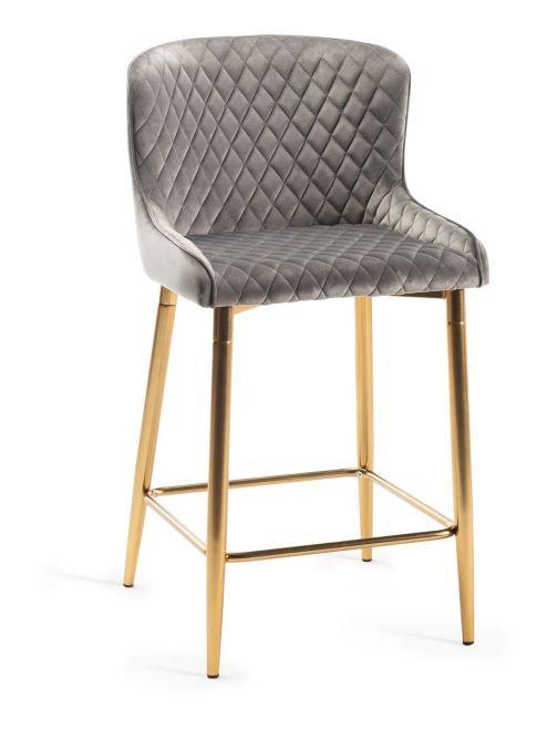 Upholstered Grey Velvet Diamond Bar Stool with Gold Frame (Pair)