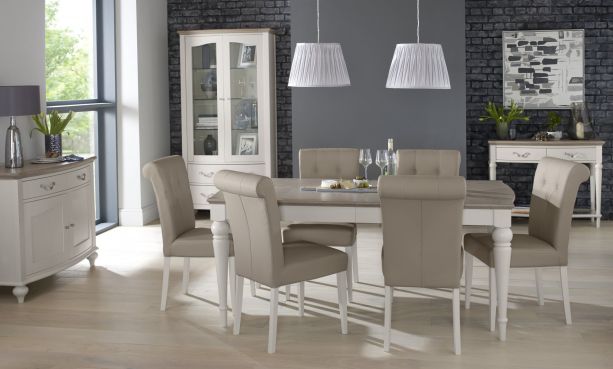 Montreux Grey Washed Oak & Soft Grey 6-8 Seater Table & 6 Upholstered Chairs in Grey Bonded Leather by Bentley Designs | Style Our Home