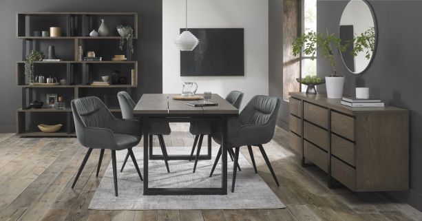 Tivoli Weathered Oak 4-6 Seater Table & 4 Dali Grey Velvet Chairs by Bentley Designs | Style Our Home