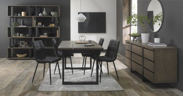 Tivoli Weathered Oak 4-6 Seater Table & 4 Mondrian Dark Grey Faux Leather Chairs by Bentley Designs | Style Our Home