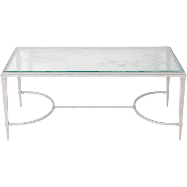 Laura Ashley Aria Etched Glass Distressed White Iron Coffee Table by Libra Designs | Style Our Home
