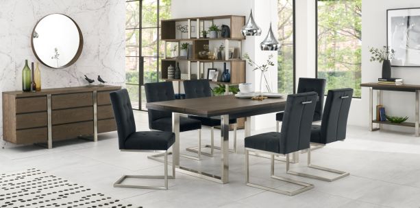 Tivoli Dark Oak 6-8 Seater Table & 6 Cantilever Chairs in Gun Metal Velvet by Bentley Designs | Style Our Home