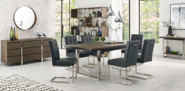 Tivoli Dark Oak 6-8 Seater Table & 6 Cantilever Chairs in Mottled Black Faux Leather by Bentley Designs | Style Our Home