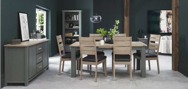 Oakham Dark Grey & Scandi 6-8 Seater Table & 6 Scandi Oak Chairs in Dark Grey Bonded Leather by Bentley Designs | Style Our Home