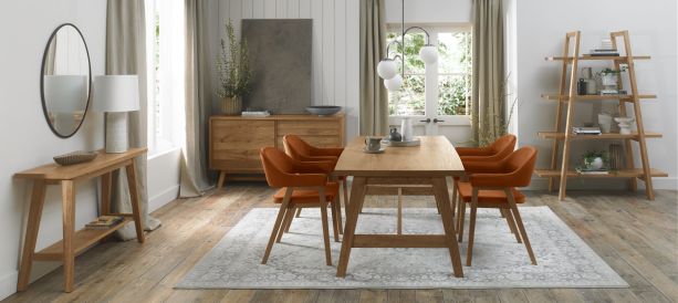 Camden Rustic Oak 4-6 Seater Table & 4 Arm Chairs in Rust Velvet by Bentley Designs | Style Our Home