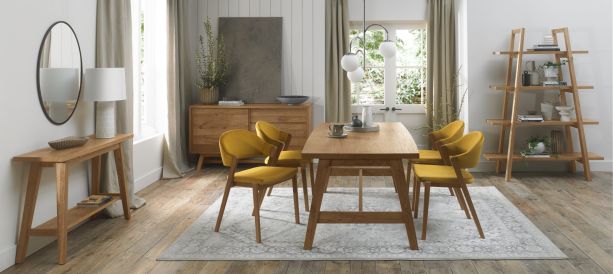 Camden Rustic Oak 4-6 Seater Table & 4 Side Chairs in Mustard Velvet by Bentley Designs | Style Our Home