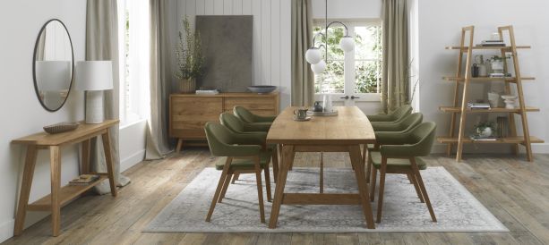 Camden Rustic Oak 6-8 Seater Table & 6 rm Chairs in Cedar Velvet by Bentley Designs | Style Our Home