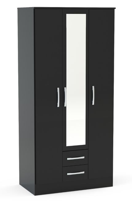 Lynx Black 3 Door 2 Drawer Wardrobe With Mirror 