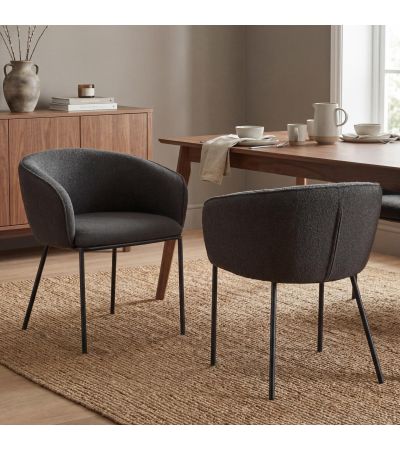Westboham Grey Bouclé Curved Arm Dining Chair – Black Metal Legs (2pk) by Shankar | Style Our Home