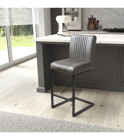 Fairmton Brownish Grey Leather Effect Industrial Bar Chair – Dark Grey Cantilever Legs (2pk) by Shankar | Style Our Home