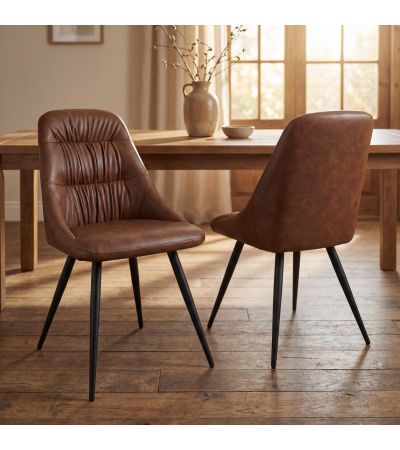 Mayfabury Tan Leather Effect Modern Dining Chair – Black Metal Legs (2pk) by Shankar | Style Our Home
