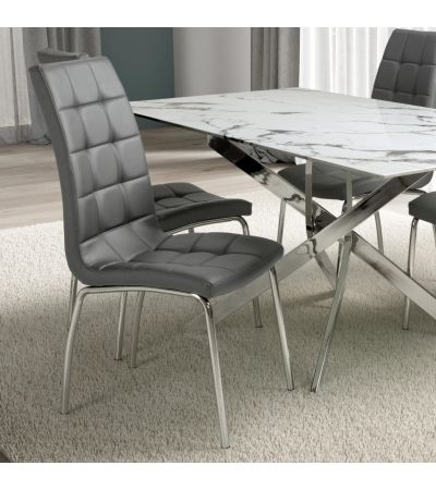 Mayfabury Grey Leather Effect Dining Chair – Chrome Metal Legs (2pk) by Shankar | Style Our Home