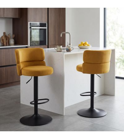 Meridston Mustard Upholstered Adjustable Swivel Bar Stool with Black Base (2pk) by Shankar | Style Our Home