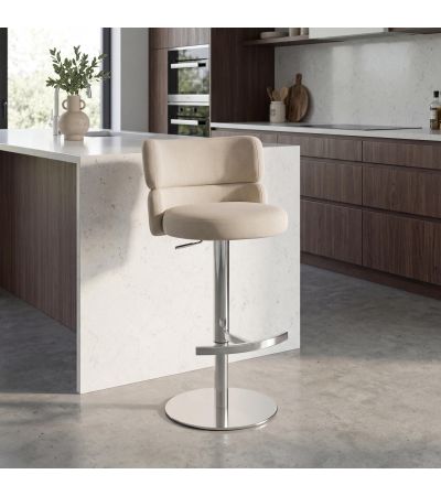 Meridston Cream Upholstered Adjustable Swivel Bar Stool with Chrome Base by Shankar | Style Our Home