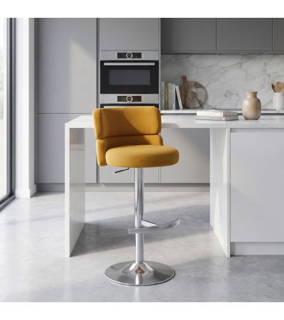Meridston Mustard Upholstered Adjustable Swivel Bar Stool with Chrome Base by Shankar | Style Our Home