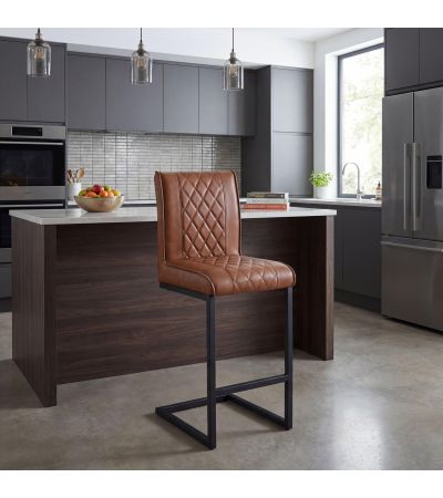 Ainslvell Tuscan Tan Leather Effect Cross Stitch Bar Stool with Black Metal Frame by Shankar | Style Our Home