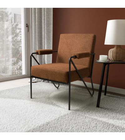 Sterlmore Burnt Orange Fabric Industrial Armchair – Black Metal Frame by Shankar | Style Our Home