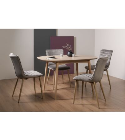 Dansk Scandi Oak 4 Seater Dining Table & 4 Eriksen Grey Velvet Fabric Chairs with Grey Rustic Oak Effect Legs - Style Our Home