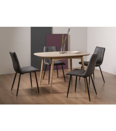 Dansk Scandi Oak 4 Seater Dining Table & 4 Mondrian Dark Grey Faux Leather Chairs with Sand Black Powder Coated Legs - Style Our Home