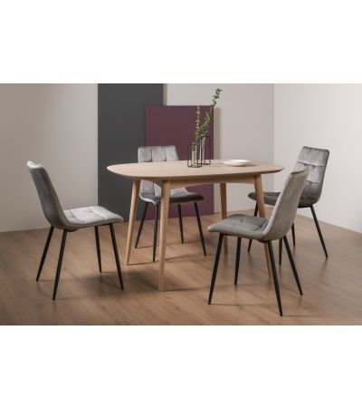 Dansk Scandi Oak 4 Seater Dining Table & 4 Mondrian Grey Velvet Fabric Chairs with Sand Black Powder Coated Legs - Style Our Home