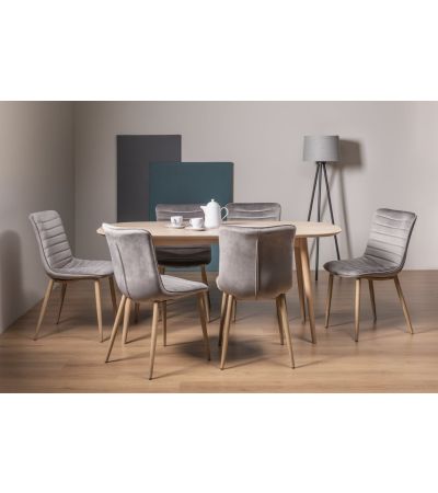 Dansk Scandi Oak 6 Seater Dining Table & 6 Eriksen Grey Velvet Fabric Chairs with Grey Rustic Oak Effect Legs - Style Our Home