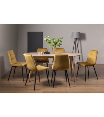 Dansk Scandi Oak 6 Seater Dining Table & 6 Mondrian Mustard Velvet Fabric Chairs with Sand Black Powder Coated Legs - Style Our Home