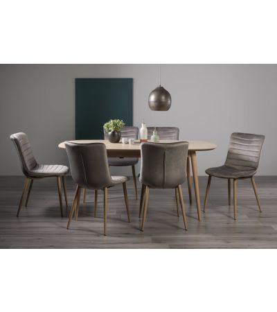 Dansk Scandi Oak 6-8 Seater Dining Table & 6 Eriksen Grey Velvet Fabric Chairs with Grey Rustic Oak Effect Legs - Style Our Home