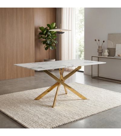 Vantaio White Marble Effect Glass Dining Table with Gold Base by Shankar | Style Our Home