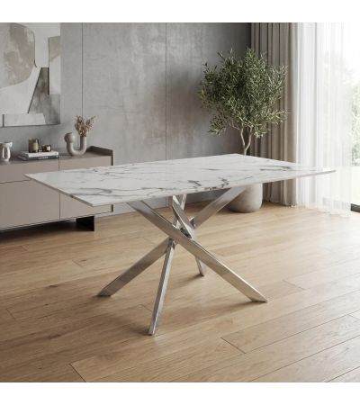 Vantaio White Marble Effect Glass Dining Table with Chrome Base by Shankar | Style Our Home