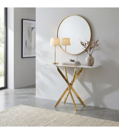 Rowen White Marble Effect Glass Console Table with Gold Base by Shankar | Style Our Home