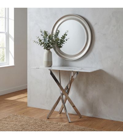Rowen White Marble Effect Glass Console Table with Chrome Base by Shankar | Style Our Home