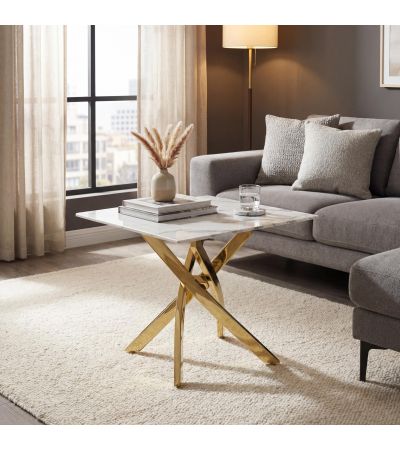 Sevilara White Marble Effect Glass End Table with Gold Base by Shankar | Style Our Home