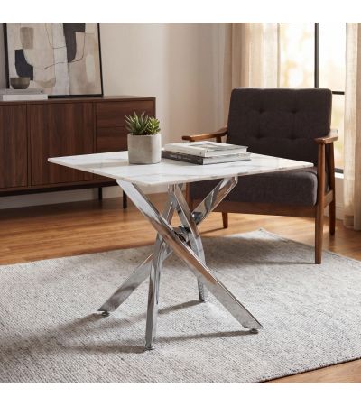 Sevilara White Marble Effect Glass End Table with Chrome Base by Shankar | Style Our Home