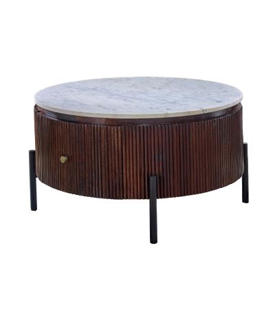 Marblestone Mango Wood Round Fluted Coffee Table With Marble Top & Metal Legs