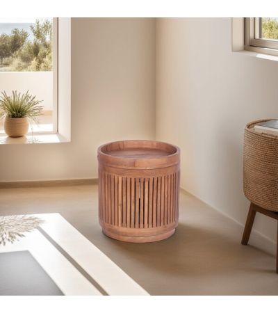 Round Side Table With Sculpted Cylinder Base by Indus Valley