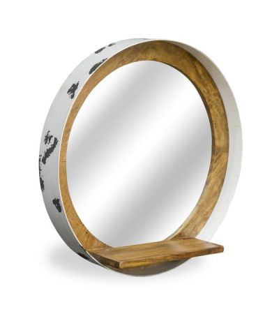 Distressed White Recycled Drum Round Mirror w shelf by Monologue | Style Our Home